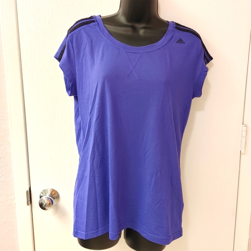 Adidas 3 stripe purple and black short sleeved workout t-shirt